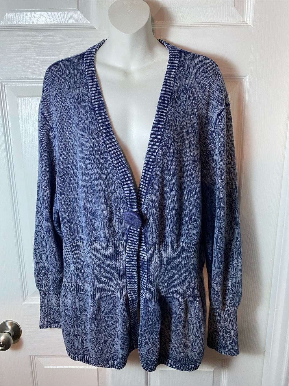 NorthStyle Blue Patterned V-Neck Cardigan with Pom Closure Size 2X